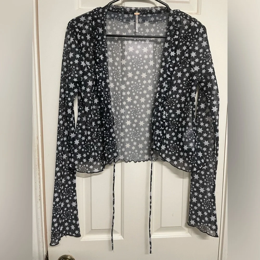 Free People Marne Sheer Black & White Star Tie Front Long Sleeve Crop Blouse - Picture 7 of 12